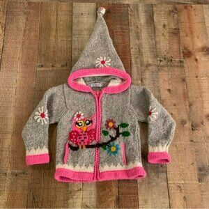 Little cotton dress girls wool full zip knit sweater with embroidered owl -6